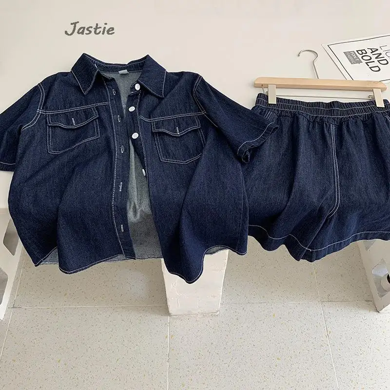 Retro Revers Denim Shirt 2 Stuks Set Outfit Losse Denim Shirt Met Korte Mouwen Hoge Taille Wijde Pijpen Casual Shorts Tweedelige Set Dames