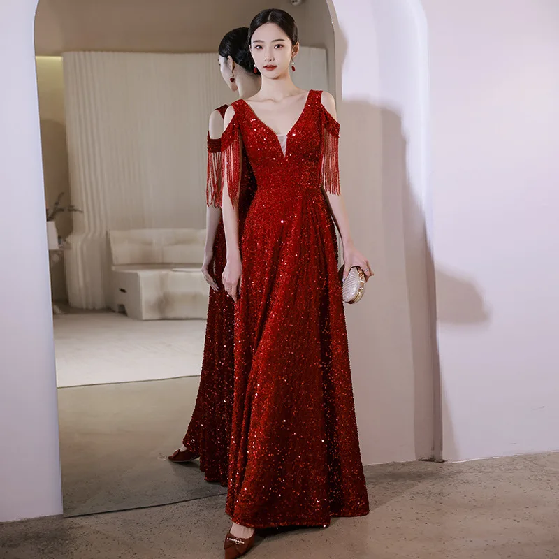 Burgundy Sequined Evening Dress V-Neck Off The Shoulder Tassel Long Party Dresses Female Backless Elegant Banquet Vestidos