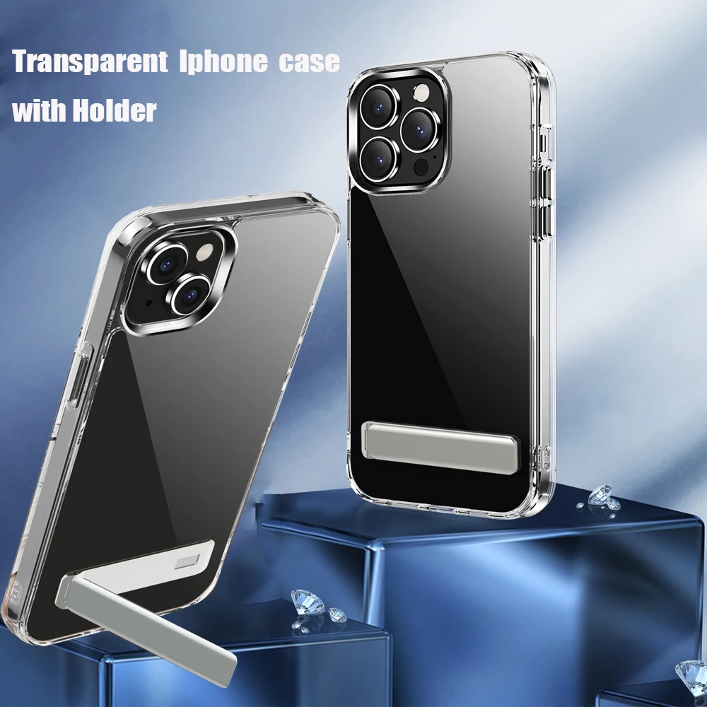 Funda de teléfono transparente con soporte de pata de cabra para iPhone 15 14 13 12 11 Pro Max Mini Plus, funda trasera de teléfono a prueba de golpes