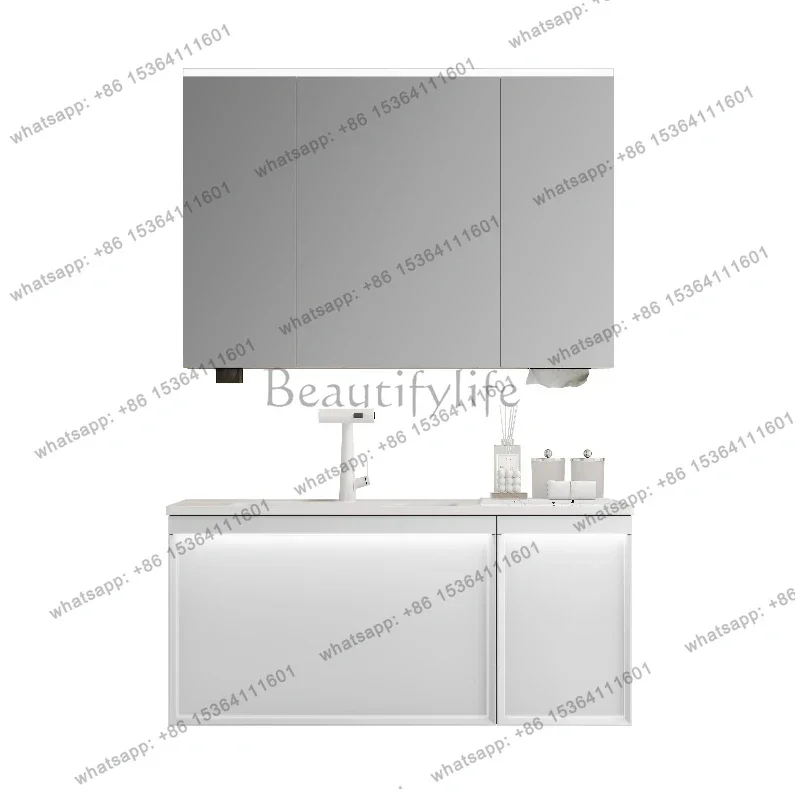 Creamy wind modern simple solid wood paint waterproof bathroom cabinet combination washbasin ceramic integrated basin cabinet