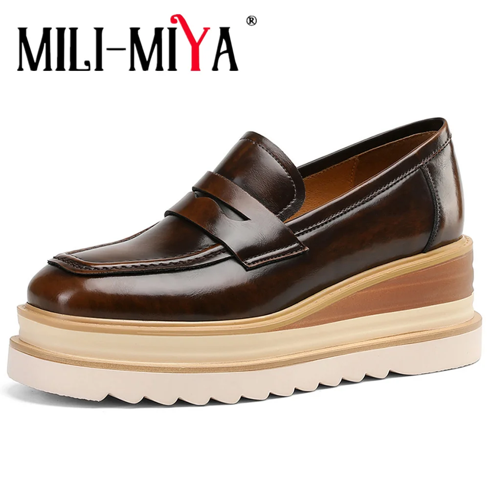 

MILI-MIYA Fashion Platform Wedges Heels Women Full Genuine Leather Sneakers Round Toe Slip On Solid Color Casual Style Handmade