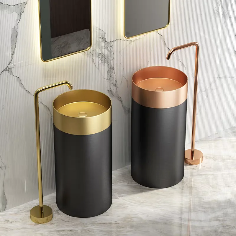 400*400*800mm Modern Black and Gold two-tone Round Freestanding Wash basin Sink 304 Stainless steel Pedestal Basin High-quality