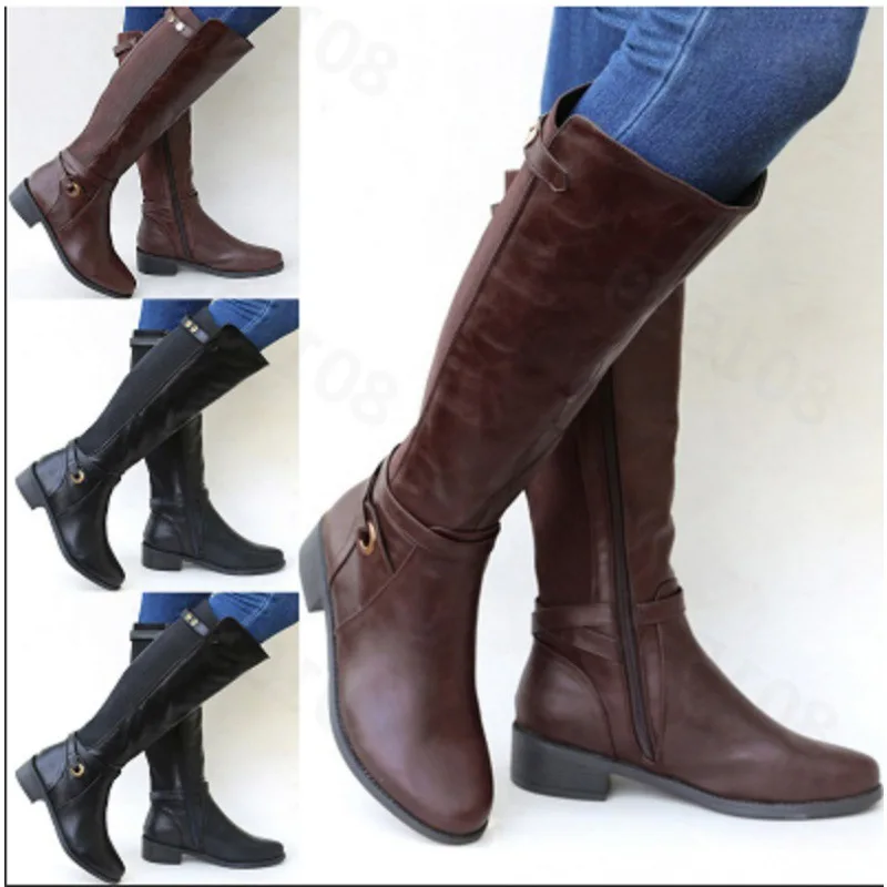 

2025 Autumn Winter Women's Knee High Riding Boots, Plus Size Round Toe Side Zipper Buckle Strap Chunky Heel Equestrian Boots