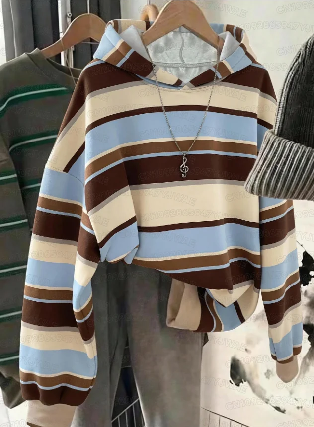 Herbst- und Winter-Hoodie für Damen und Herren, Colorblock, lässig, für den Alltag, mit Streifenmuster, Y2K-Sweatshirt – Detail 5