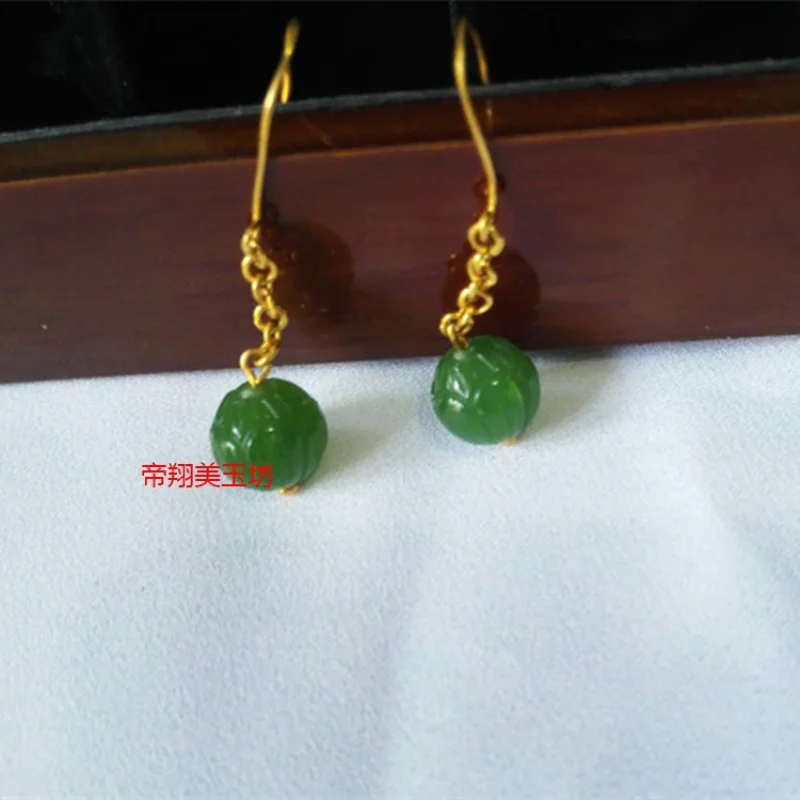 18K Hetian Gold with JadeSpinach Green Jasper Inlaid Women's Earrings