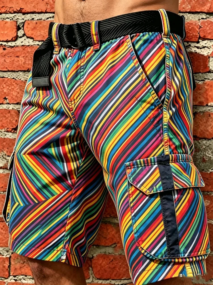 

Mens Stripe Cargo Shorts Color Block Loose Fit Summer Streetwear Shorts