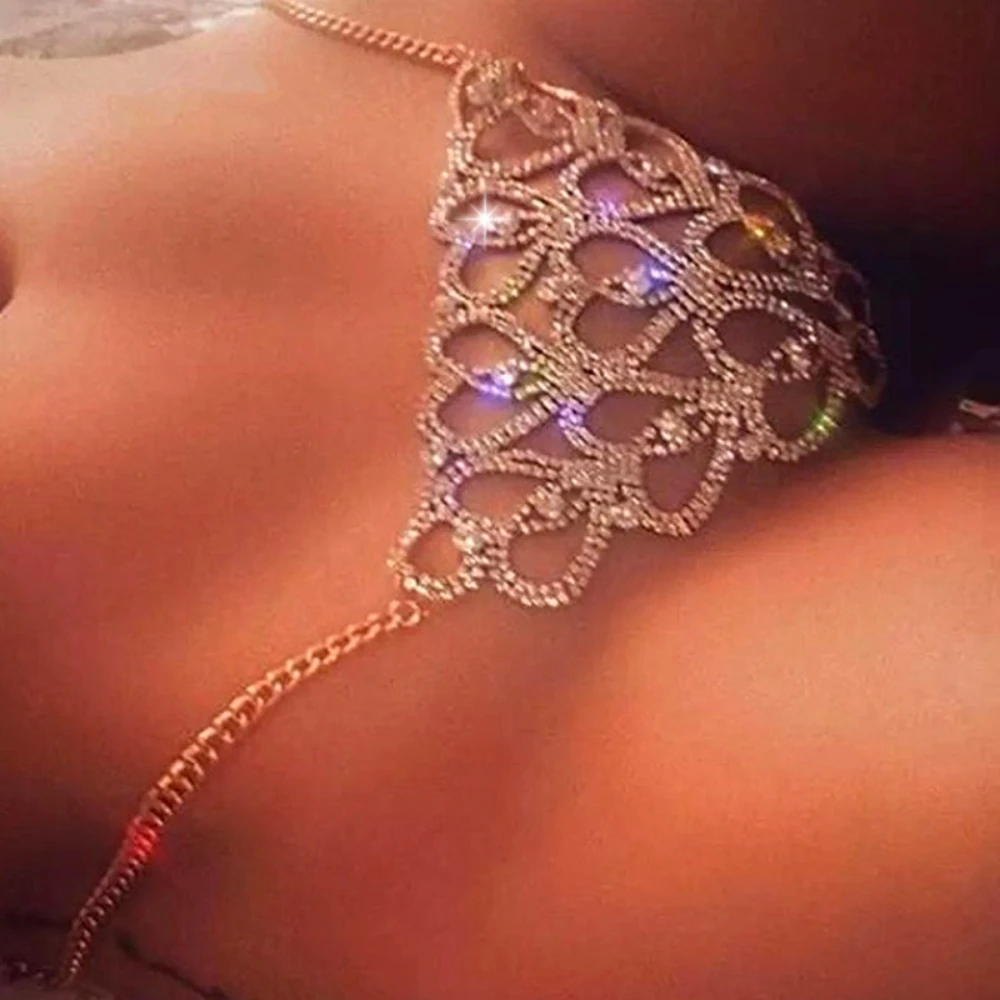 

Sexy Rhinestone Body Chain Set Heart Shaped Bikini Panties withClawChainDiamond Lingerie Accessories forWomen Bridal Beach Party