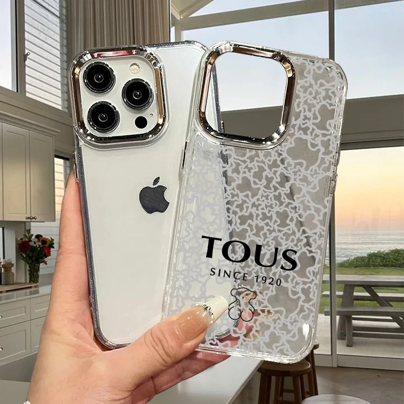 Luxury T-TOUS Teddy Bear Electroplated Lens Frame Clear Phone Case for iPhone 17 Air 16 15 14 13 12 11 Pro Max XS Max X Cover