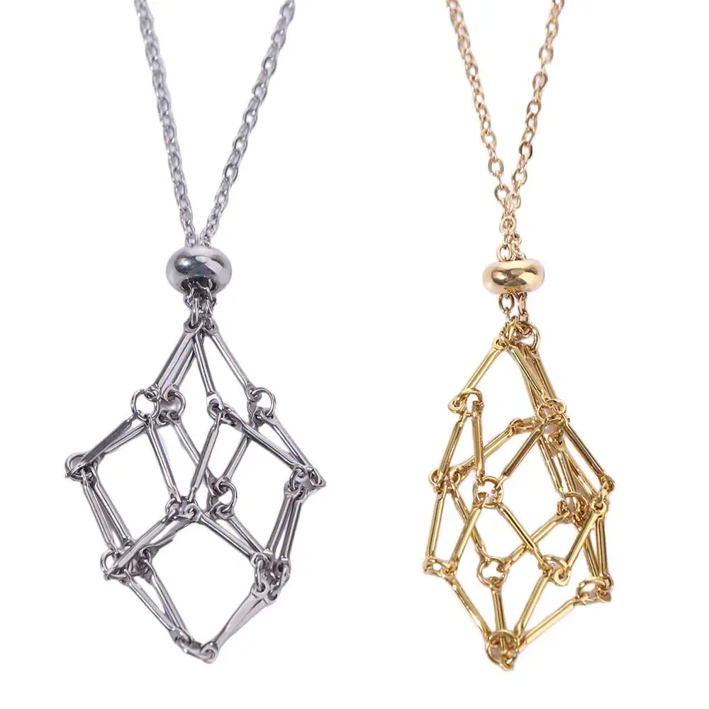 Metal Chain Crystal Cage Necklace Stone Storage Net Bag Stainless Steel Necklace DIY Neck Jewelry Rhinestone Holder Necklace