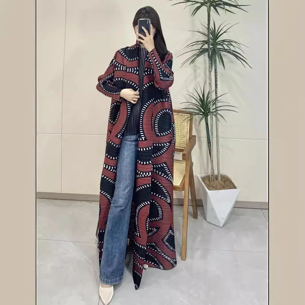 Miyake Pleated Turndown Collar Long Sleeve Vintage Printed Dress Belt Women 2024 New Dubai Designer Original Fashion Loose Dress