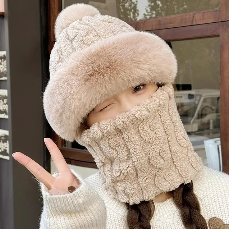 Cold Resistant Integrated Hat and Neck Warmer Thickened Fleece Windproof Protective Cap for Women Autumn Winter Cycling