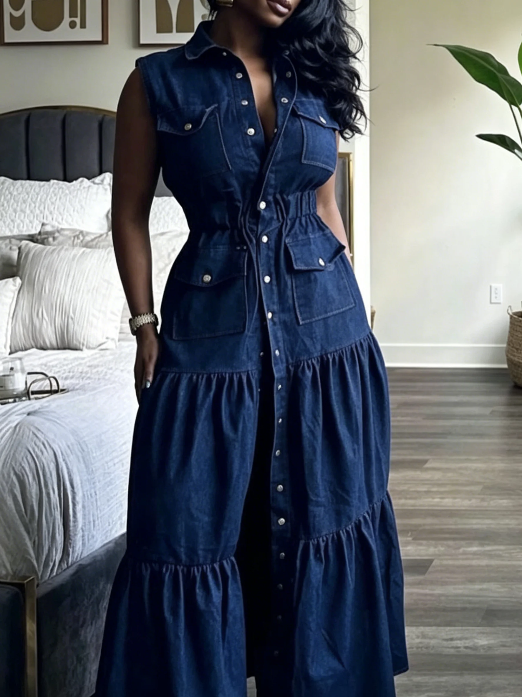 Trendy Sleeveless Denim Maxi Dress Women Casual Button Up Drawstring Waist Tiered Ruffle Jean Long Dresses Streetwear Outfits