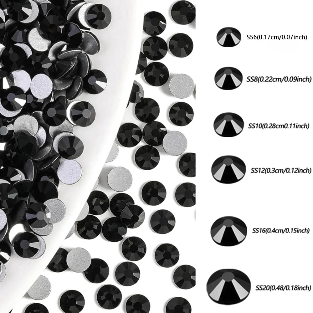 ヒラタラインストーンバルク、1440個ブラックラインストーンネイルクラフト服DIY装飾、ジェットブラック、SS10、2.7-2.9mm