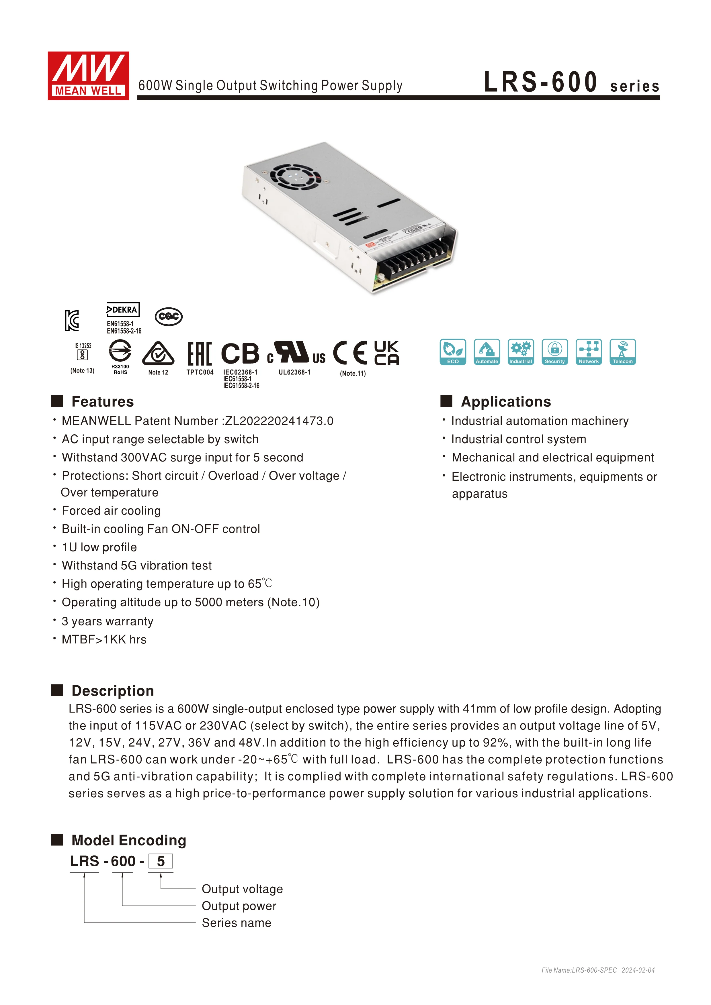 Original Mean Well 600W Single Output Switching Power Supply 24V 0~25A Meanwell LRS-600-24