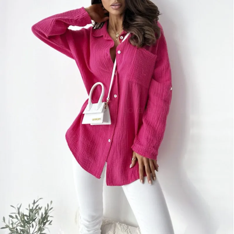 Loose Shirts Women's Spring Autumn Simple Solid Color Casual Loose Blouses Long Sleeve Collar Long Sleeve Pocket Collar Tops