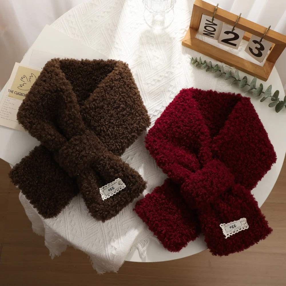 Autumn and Winter New Plush Cross Scarf Korean Version Soft Waxy Warm Neck Protection Versatile Red Burgundy Atmosphere Scarf