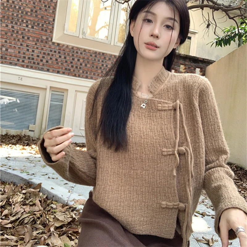 Cardigan Women Chinese Style Knot-button Knitted Temperament Elegant Chic All-match Gentle Creativity Vintage Autumn Outwear