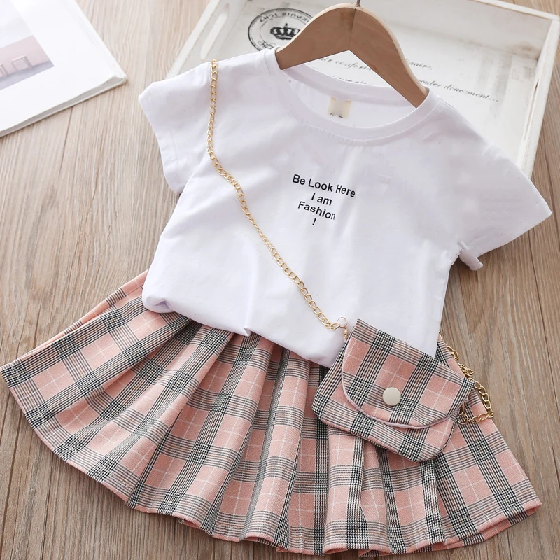 Fashion Baby Girls Summer Clothes Suit Letters T-shirt Plaid Skirt With A Free Bag 3pcs Children's Clothing Set For 3-7 years