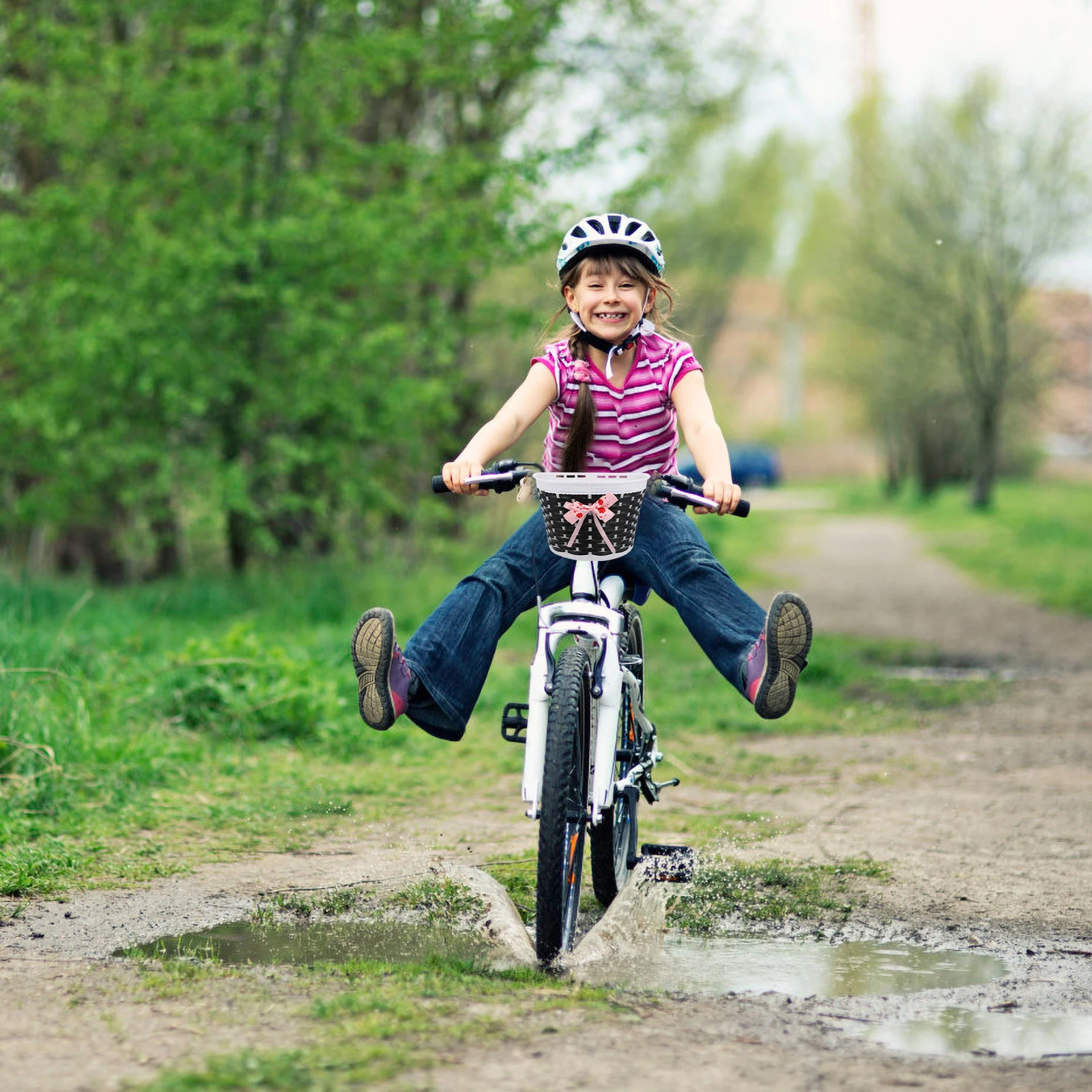 

Kids Scooter Bicycle Basket Handmade Knitted Bow Girls Bike Storage Plastic Accessories Child Baskets Cycling Outdoor Small