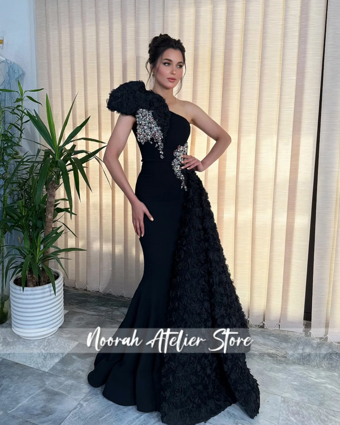 

Elegant Black One Shoulder Peplum Beaded Luxury Women Evening Dresses 2025 Dubai Flower Train Party Dress Prom Gown Customized