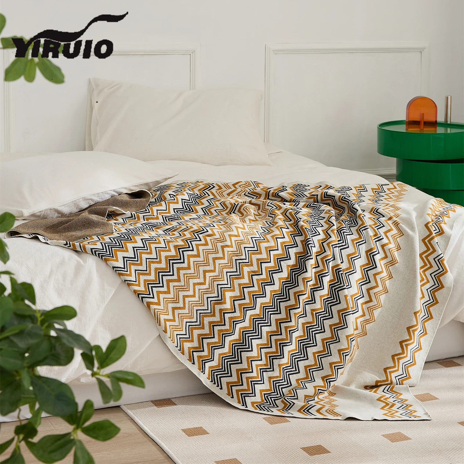 YIRUIO Elegant Wave Stripe Design Blanket Soft Breathable Summer Office Air-Conditioned Room Warm Shawl Knee Cotton Knit Blanket