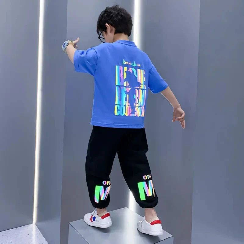 Children\'s Suit Boys Summer Short Sleeve T-Shirt Pants 2 Piece Teenage Boys Sports Casual Clothes Set 3 5 8 10 12 13 15Y