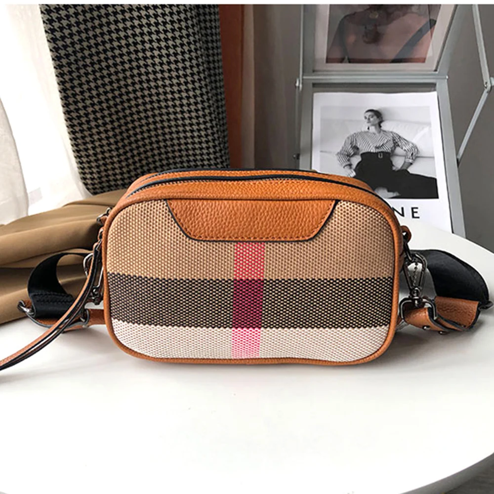 Causal Stripes Canvas Women Shoulder Bag 2 Zippers Square Luxury Female Wide Strap Camera Crossbody Bag 2023 Lady Purse Handbag