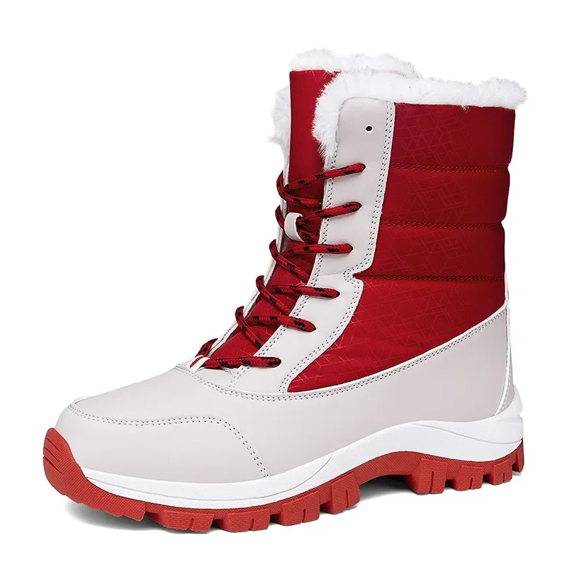 

Winter outdoor anti slip snow boots for women with thick fleece and warmth, mid to high cut skiing cotton shoes