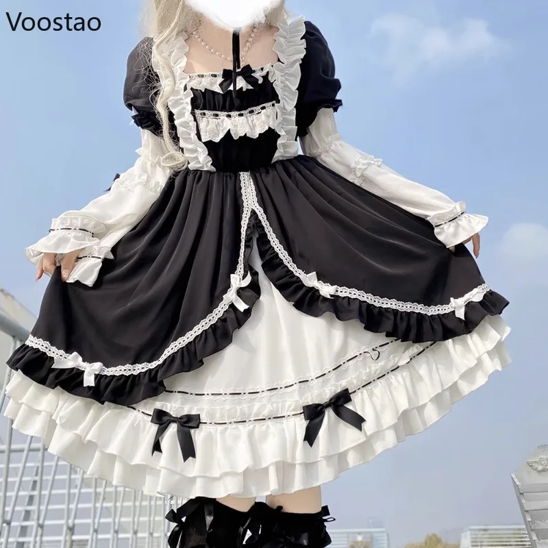 Gothic Lolita OP Dress Japanese Women Vintage Ruffles Patchwork Bow Fairy Dresses Y2k Aesthetic Harajuku Sweet Princess Vestido