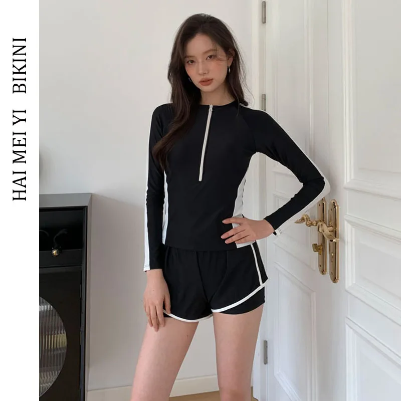 

Haimei New Women's Spor One-Piece Swimsuit Long Sve Slimmingtummy Covering Swimming Suit Nylon round Ne Bikini