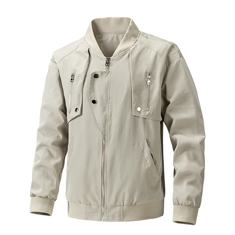 

Man Jacket Autumn American Retro Solid Color Stand Collar Male Outerwear Long Sleeve Pocket Zipper Breathable Men Cargo Coat