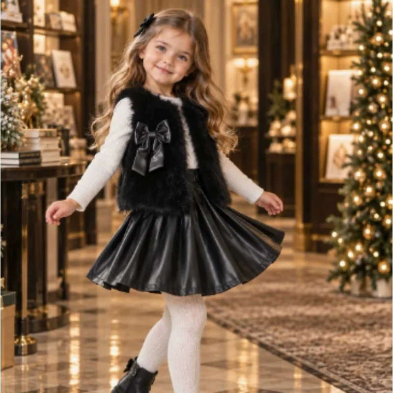 Autumn and winter girl's popular fashion princess style set with plush vest paired with solid color and pleated skirt inside