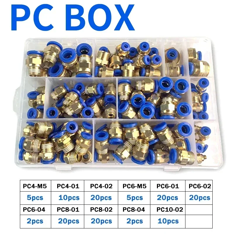 PC Series Box 4mm 6mm 8mm 10mm 12mm Air Joint Connectors Hose Tube Pneumatic Fitting 1/2 1/4 1/8 Push in Quick Release Couplings