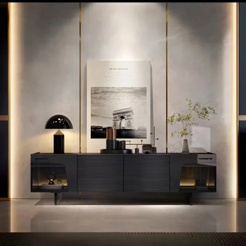A Italian TV Cabinet Villa Living Room Black Suspended Storage Stone Plate Floor Cabinet with Lights