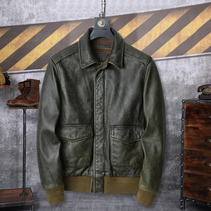 

Новая осенне-зимняя мужская винтажная куртка-бомбер из натуральной кожи A2 с эффектом состаривания, в стиле рустик, цвет оливковый, с воротником, размер L...