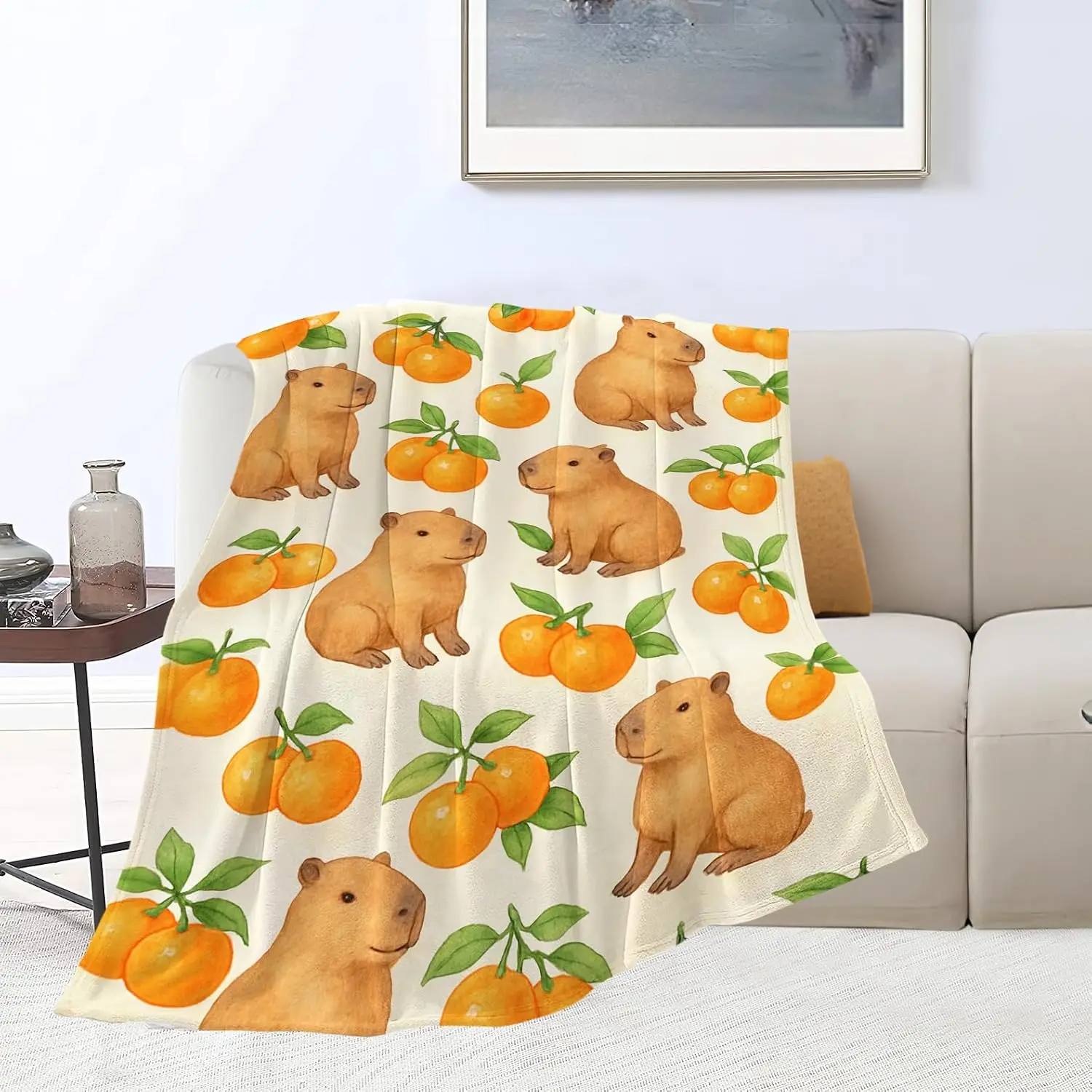 Cream White Base Cartoon Capybara Orange Fruit Leaf Full Print Fluffy Throw Blanket, Warm Soft Couch Cute Pet Animal Home Gift
