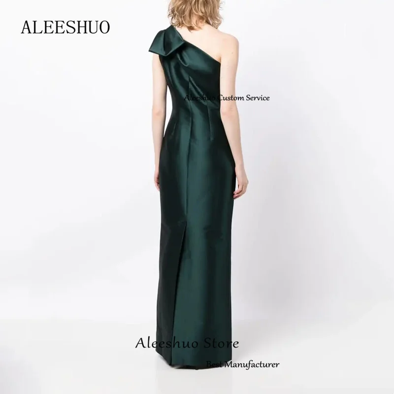 Aleeshuo-マーメイドサテンのイブニングドレス,長い,非対称の裸の肩,プリーツ,弓,ノースリーブ,フォーマル,床の長さ