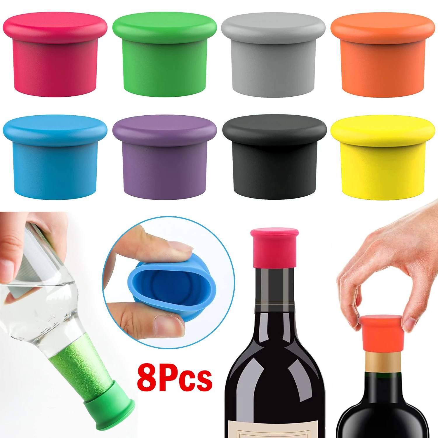 Tapón de botella de vino reutilizable, tapón de vino de silicona, tapones de champán y cerveza, corchos de vino para botellas de vidrio, mantiene el vino fresco, 8 Uds.