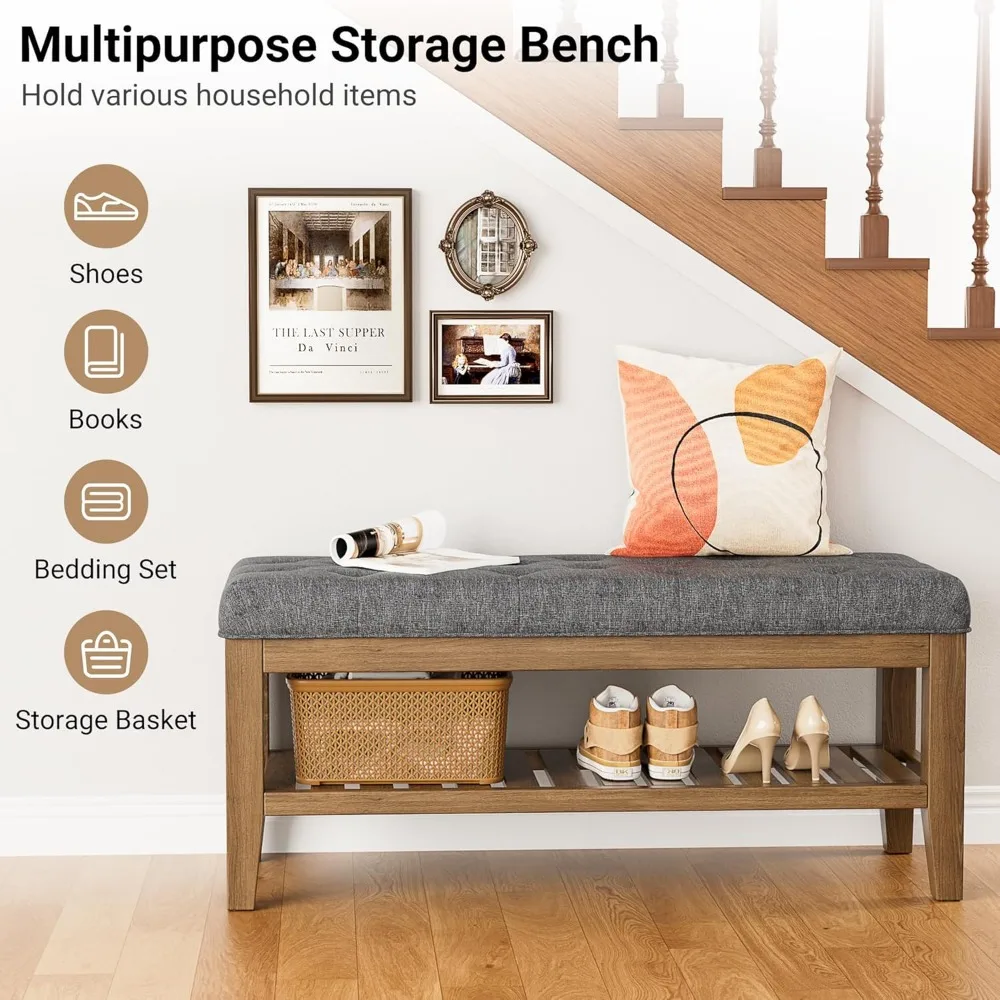 مقعد تخزين نهاية السرير، مقعد أحذية مدخل 42.9 مع رف من الخشب الصلب، مسند منجد مع مقعد مبطن لغرفة النوم والقاعة
