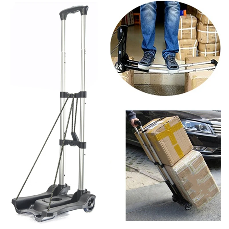 2 Rounds Folding Hand Truck Black Small Lightweight Cart Portable Telescopic Dolly Backpack Luggage Travel Moving Shopping