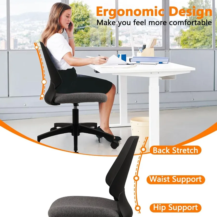 Armless Home Office Chair Ergonomic Small Desk Chair with Wheels and Soft Thick Upholstered Cushion Comfy Adjustable Height Swi