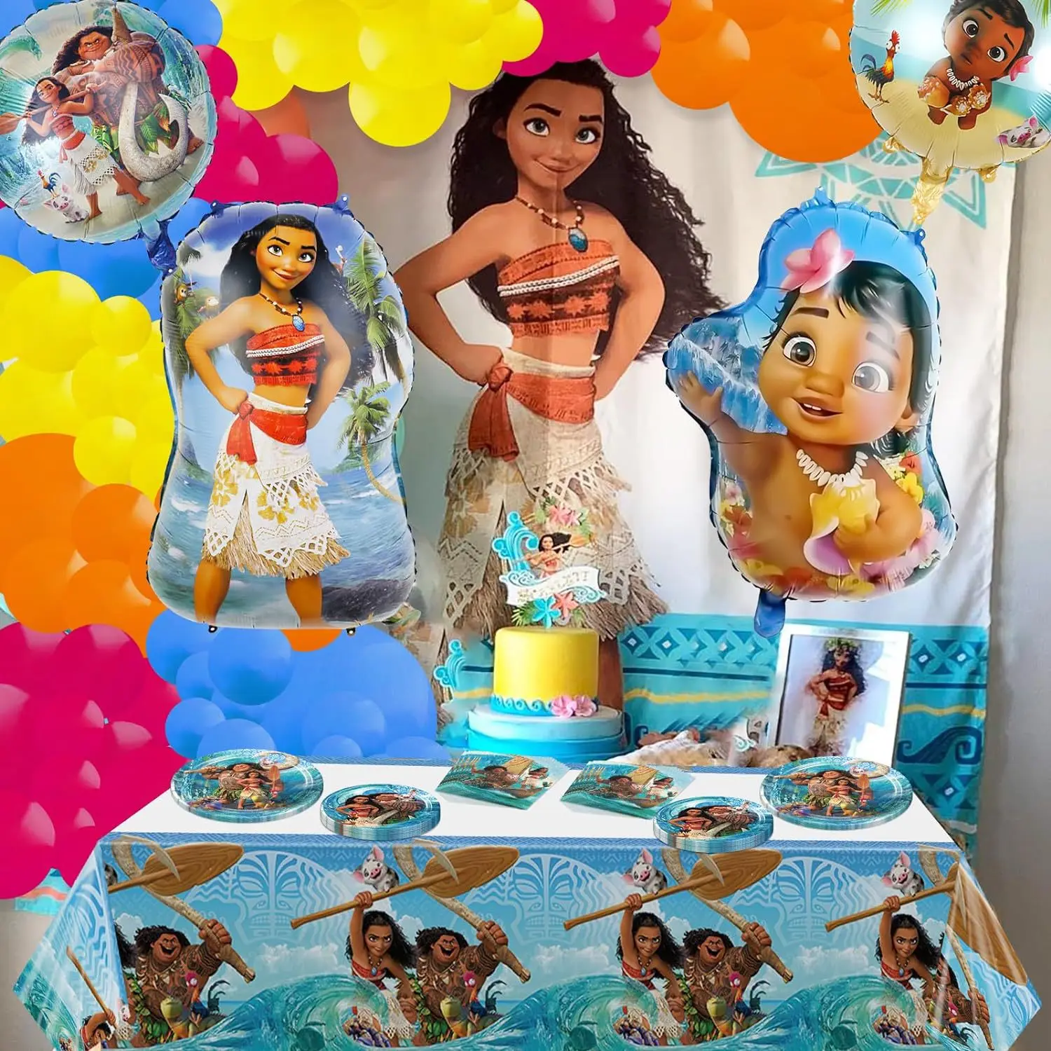 Disney Moana Theme Birthday Balloons Moana Happy Birthday Party Girl Paper Tableware Decorations Kits Supplies Deco Set For Kids