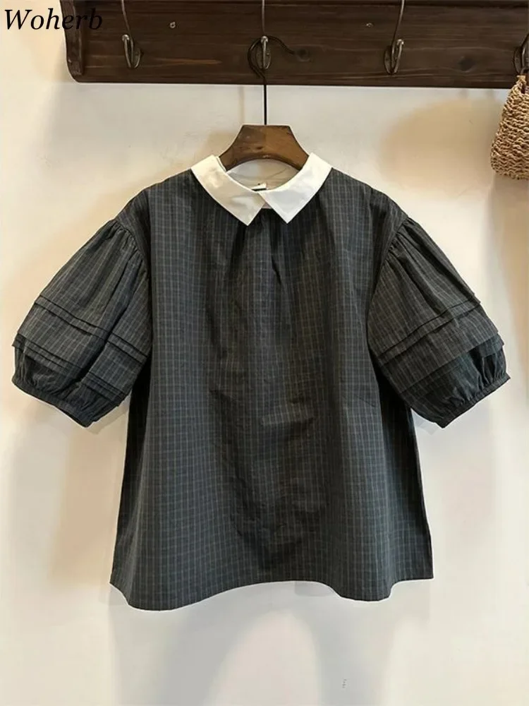 Vintage Blouse Women Plaid Puff Sleeve Loose Shirts Temperament Single Breasted Tops Korean Elegant Blusas Mujer De Moda 2024