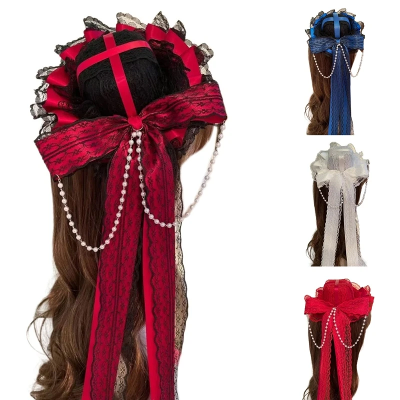 

Lolita Girls Long Ribbon Lace Top Hat Hairpin Women Cosplay Party Costume Hair Clip Lady Festival Headdress Roleplay Hair Decor