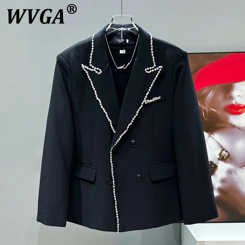 

WVGA Spring Autumn New Men's Tide Heavy Diamond-Studded Double-Breasted Elegant Fashion Suit-Coat Loose Chic Casual Blazer W7418