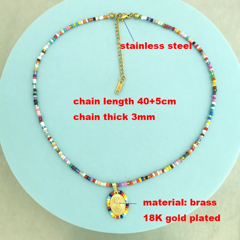 Jungfrau Maria Anhänger Charm Halskette Damen Imitationsperlen Kreuz Heiliges Herz Jesus Choker Saatperlen Goldfarben Schmuck Mutter – Detail 5