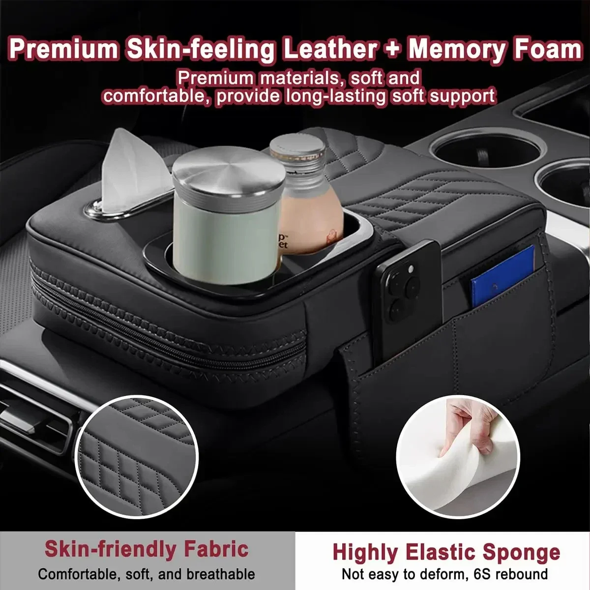 Car Armrest Box with 2 Cup Holder Tissue Dispenser Armrest with Storage Bag Car Leather Height Increase Protective Cover Pad