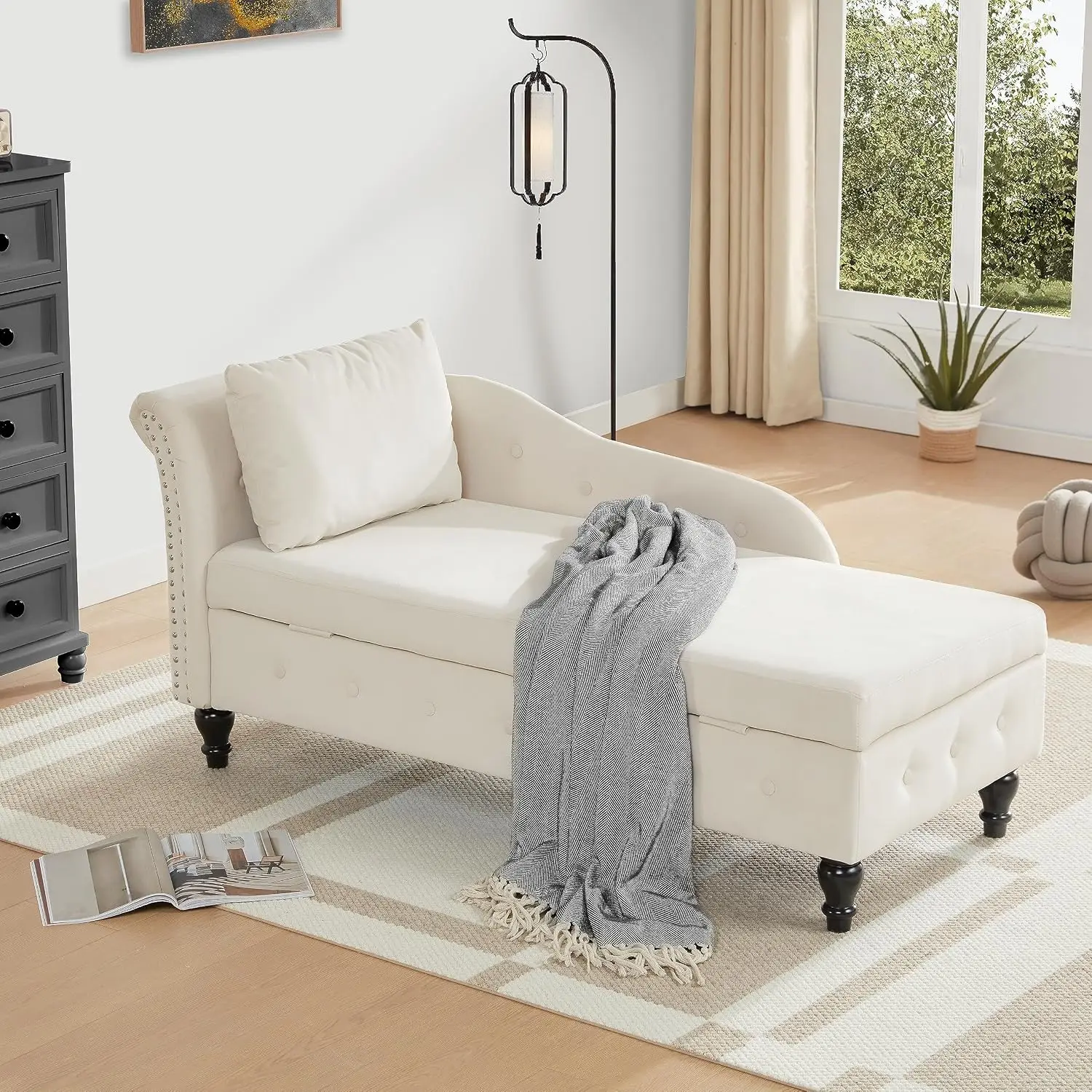 Indoor Storage Chaise Lounge with Pillow, Tufted Nailhead Lounge Chair for Living Room & Bedroom, Beige Right Arm, Customized
