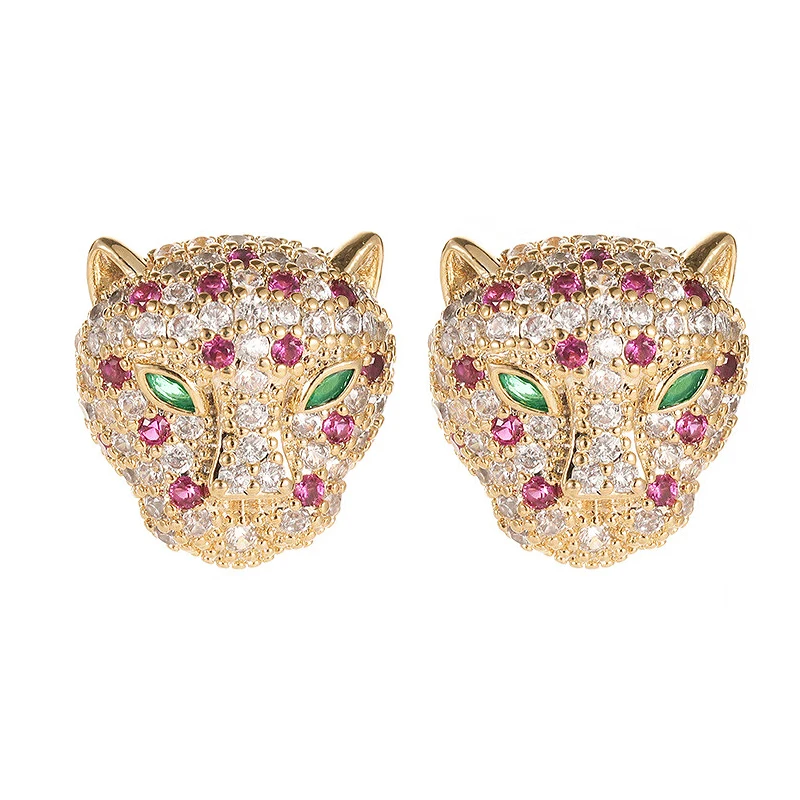 Fashion Leopard Animal Studs Earrings Sparkling Colored Crystal Zircon S925 Silver Needle Ear Stud Panther Head Earrings Jewelry