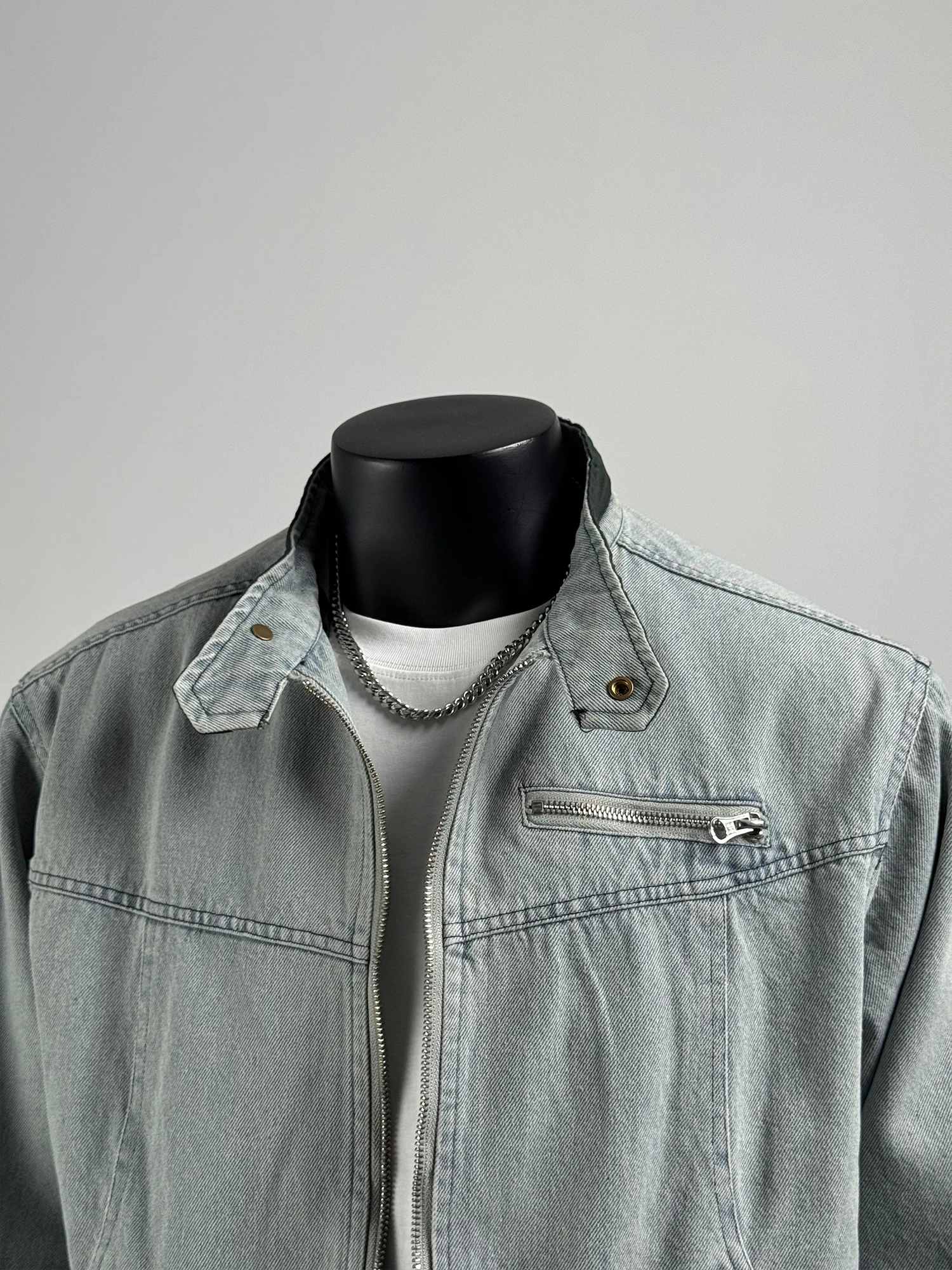 الأمريكية Sle ort اللون بلو الدنيم Jaet الرجال فضفاضة تناسب ملابس خارجية غير رسمية الخريف 2025 الشباب مزيج القطن سستة إغلاق